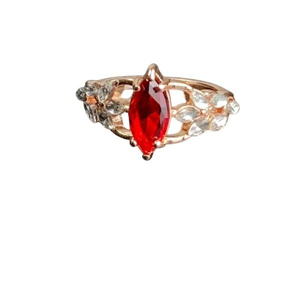 Marquise-Cut Red Glass Gemstone Open Filigree Vintage Floral Ring – Size 10 - Picture 3 of 8